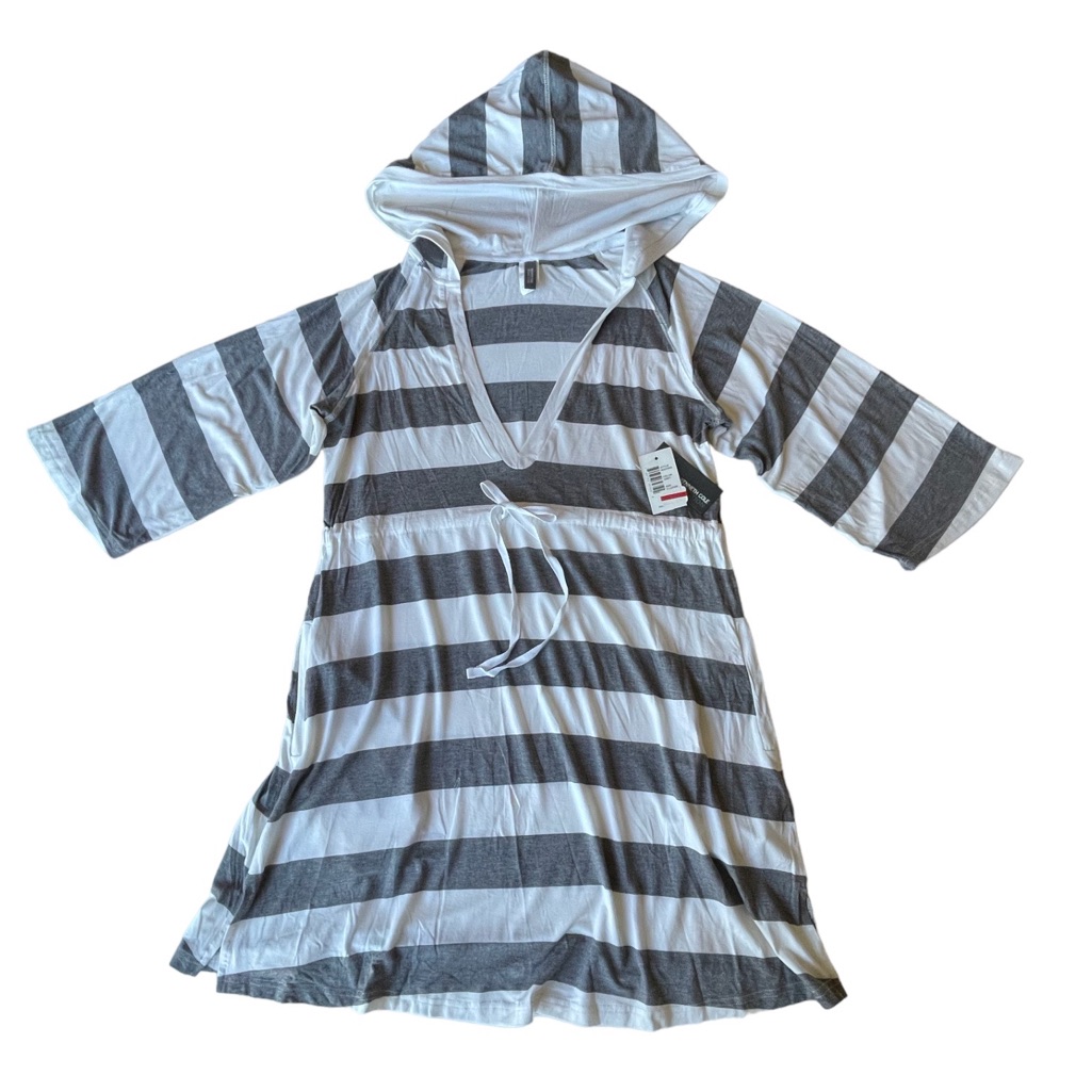 New Gray & White Stripe Kenneth Cole Swim Cover Up With Hood, Pool Robe Xl